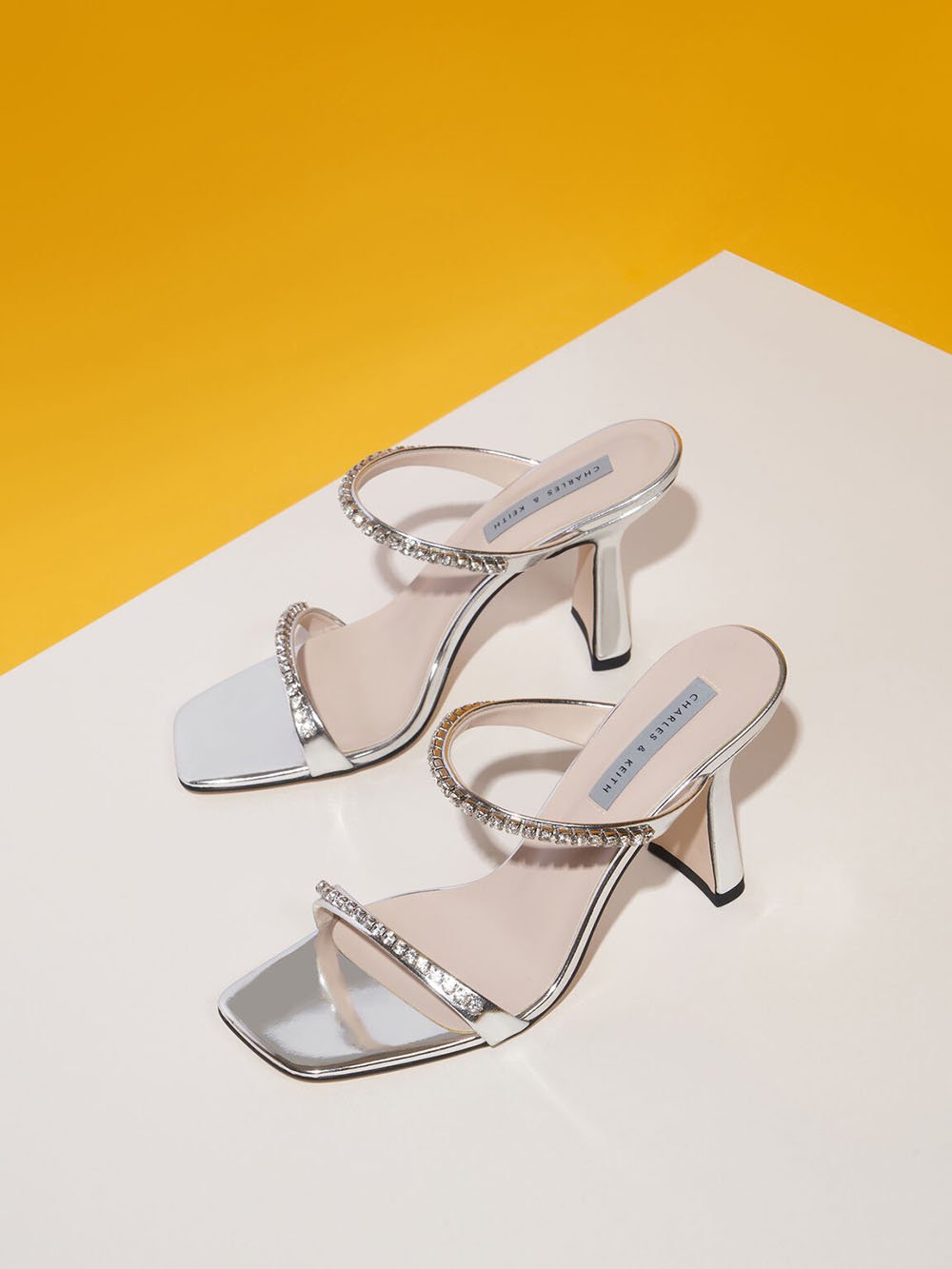 Metallic Gem-Encrusted Heeled Sandals - Silver - CHARLES & KEITH